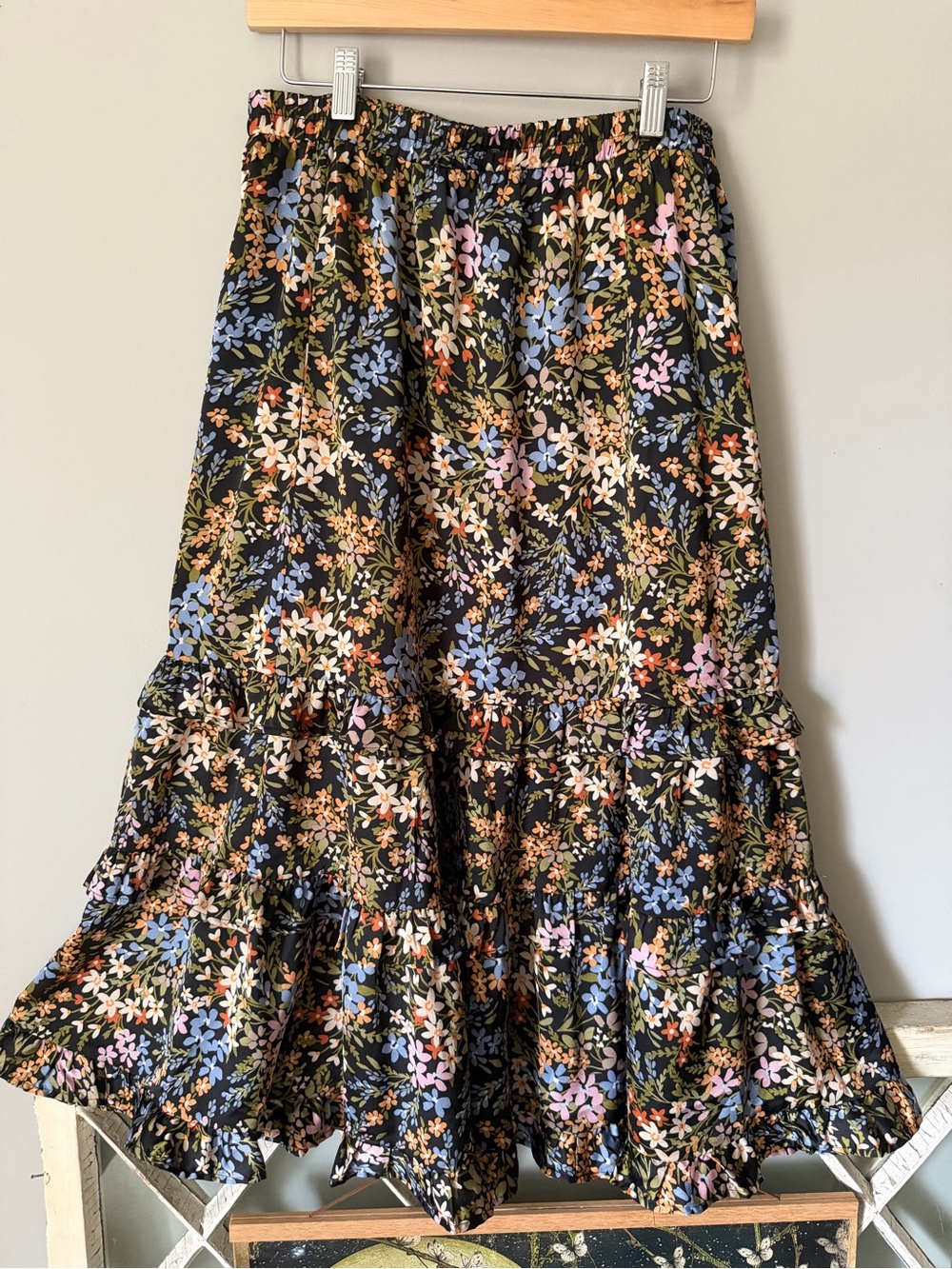 Bohme Dimitria Black Floral Tiered Midi Skirt Womens L
